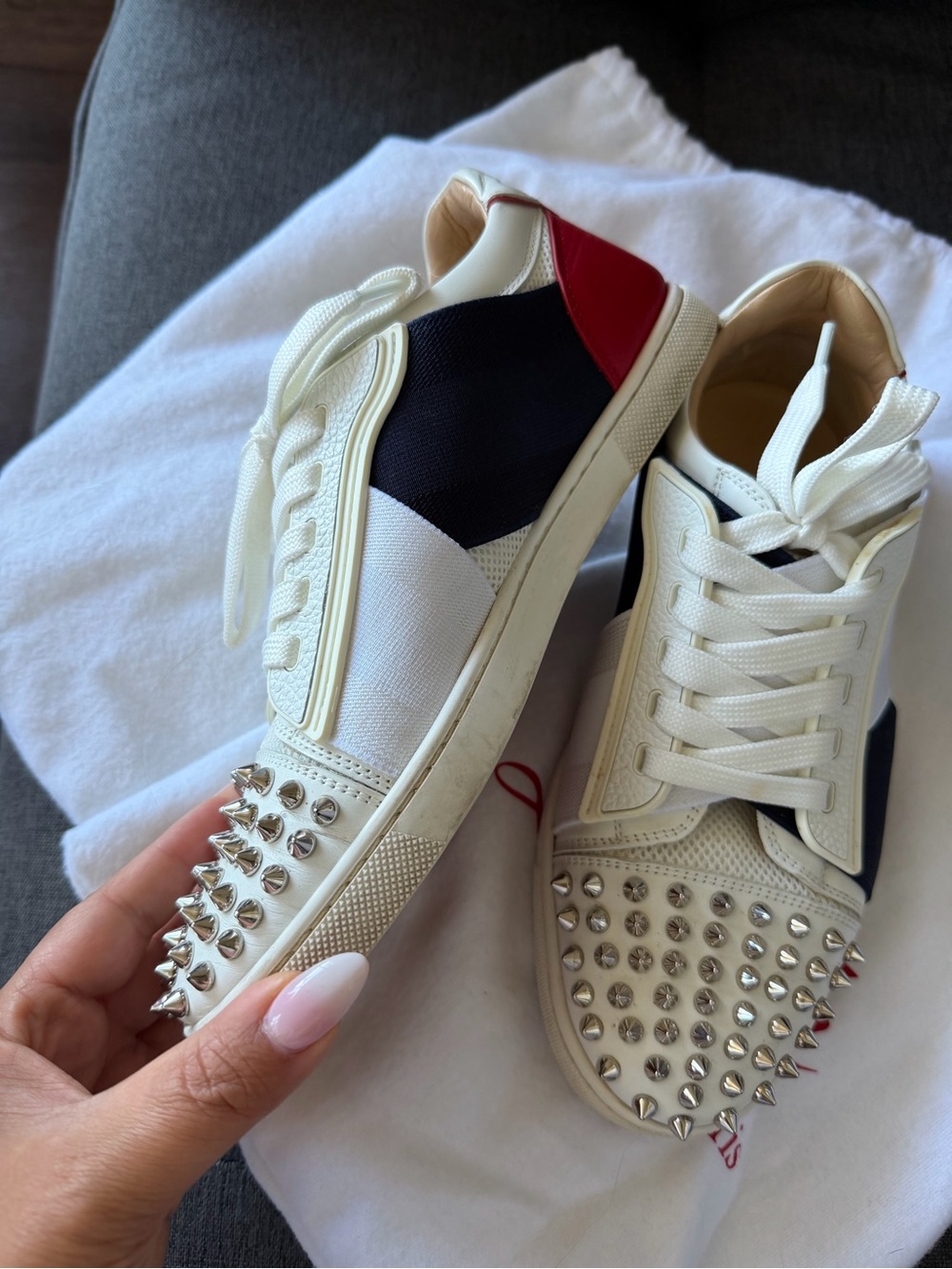 Christian Louboutin White Leather Sneakers with Navy and Red Panels